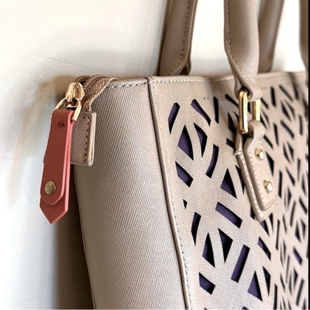 NWT Luminous Leather Tan Satchel Bag Tote Lazer cutouts NWT $109 - Picture 6 of 12